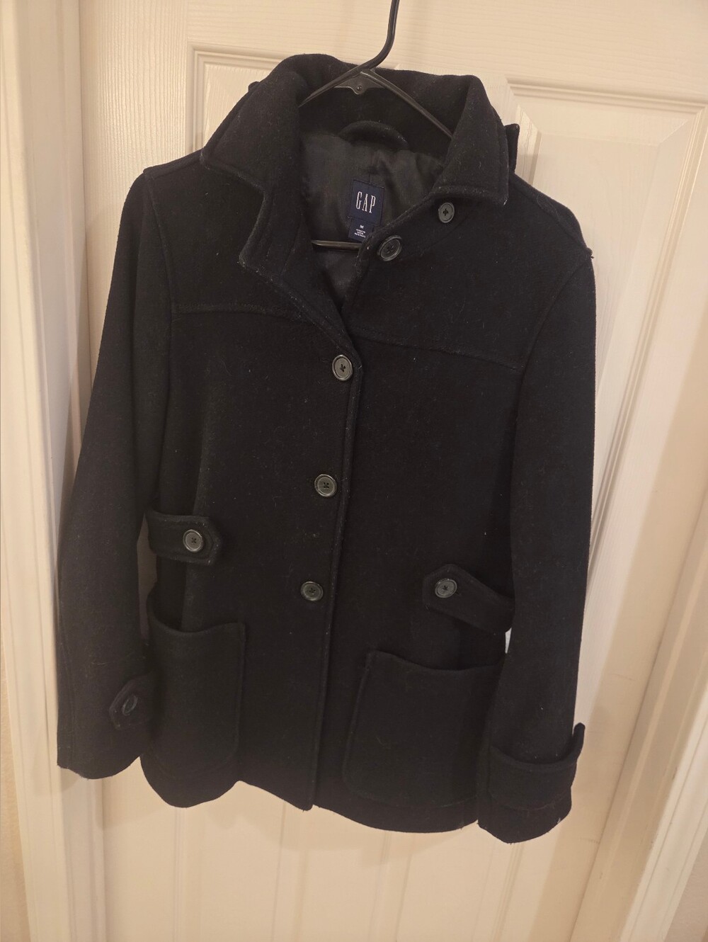 GAP Women's Black Wool-Blend Pea Coat with Button Front